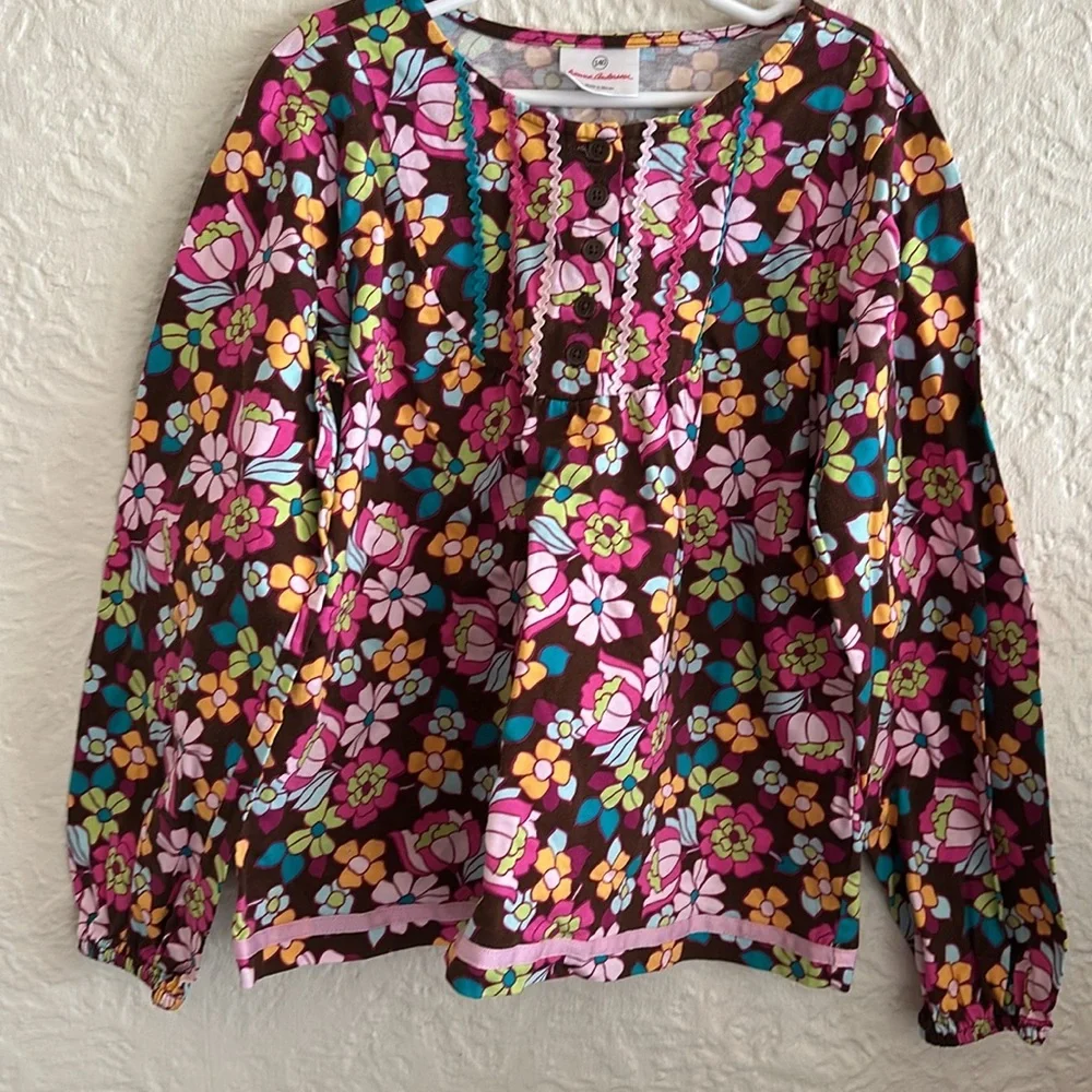 Hanna Andersson Floral Long Sleeve Trapeze Top Shirt Brown Pink Orange Blue 10